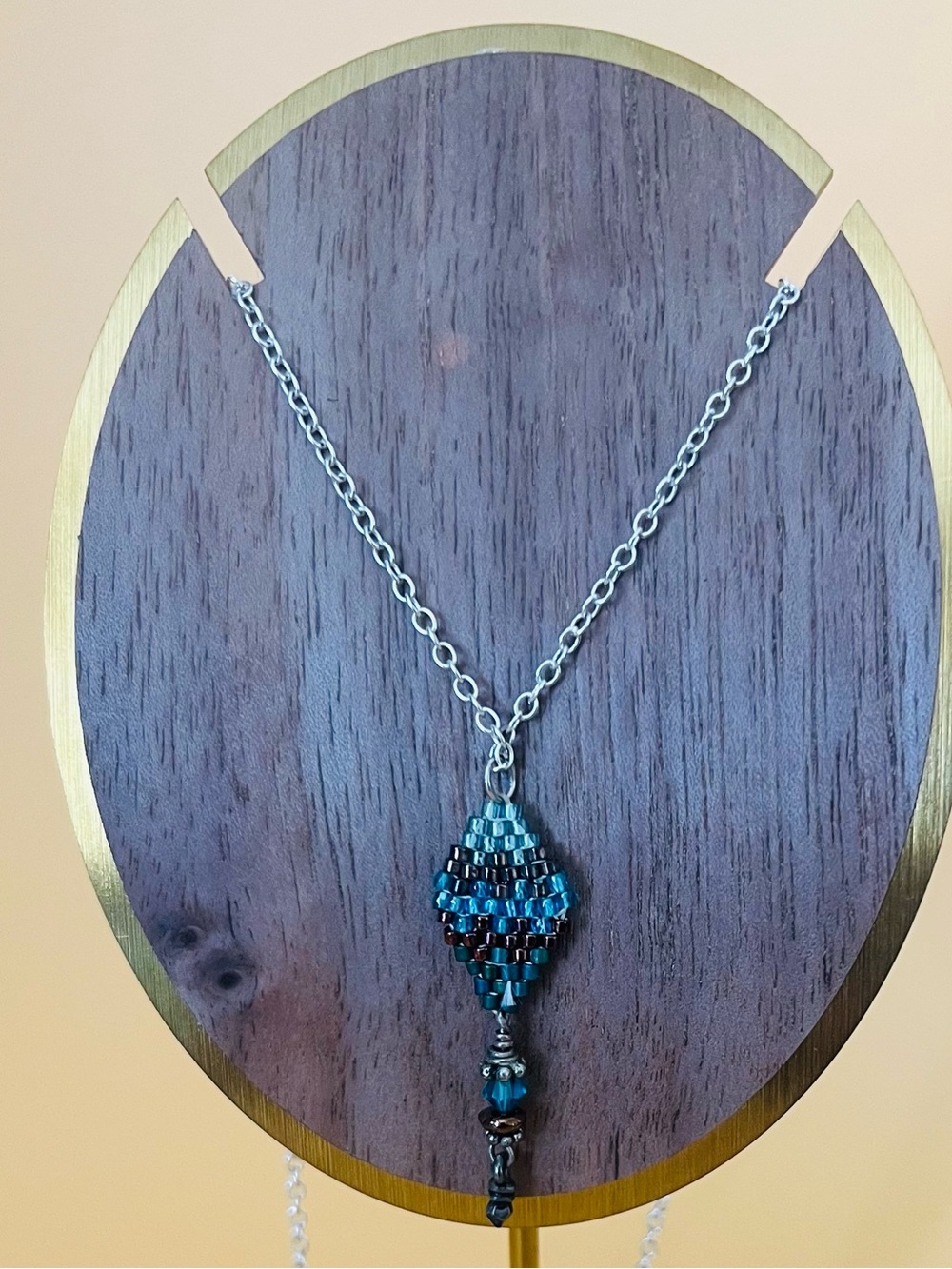 Vintage Teal Beaded Pendant Necklace silver accents